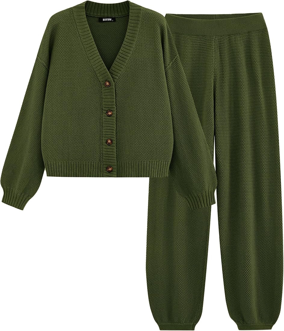 BTFBM Women 2 piece Outfits Fall Knit Sweater Sets Loose Casual Button Down Cardigan Long Pants M... | Amazon (US)