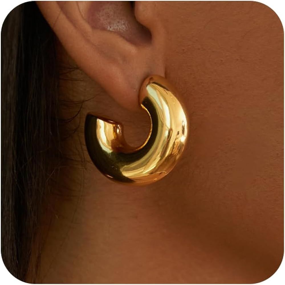 Chunky Gold Hoop Earrings for Women, Trendy 14K Gold Plated Gold Chunky Hoop Earrings Small Thick... | Amazon (US)