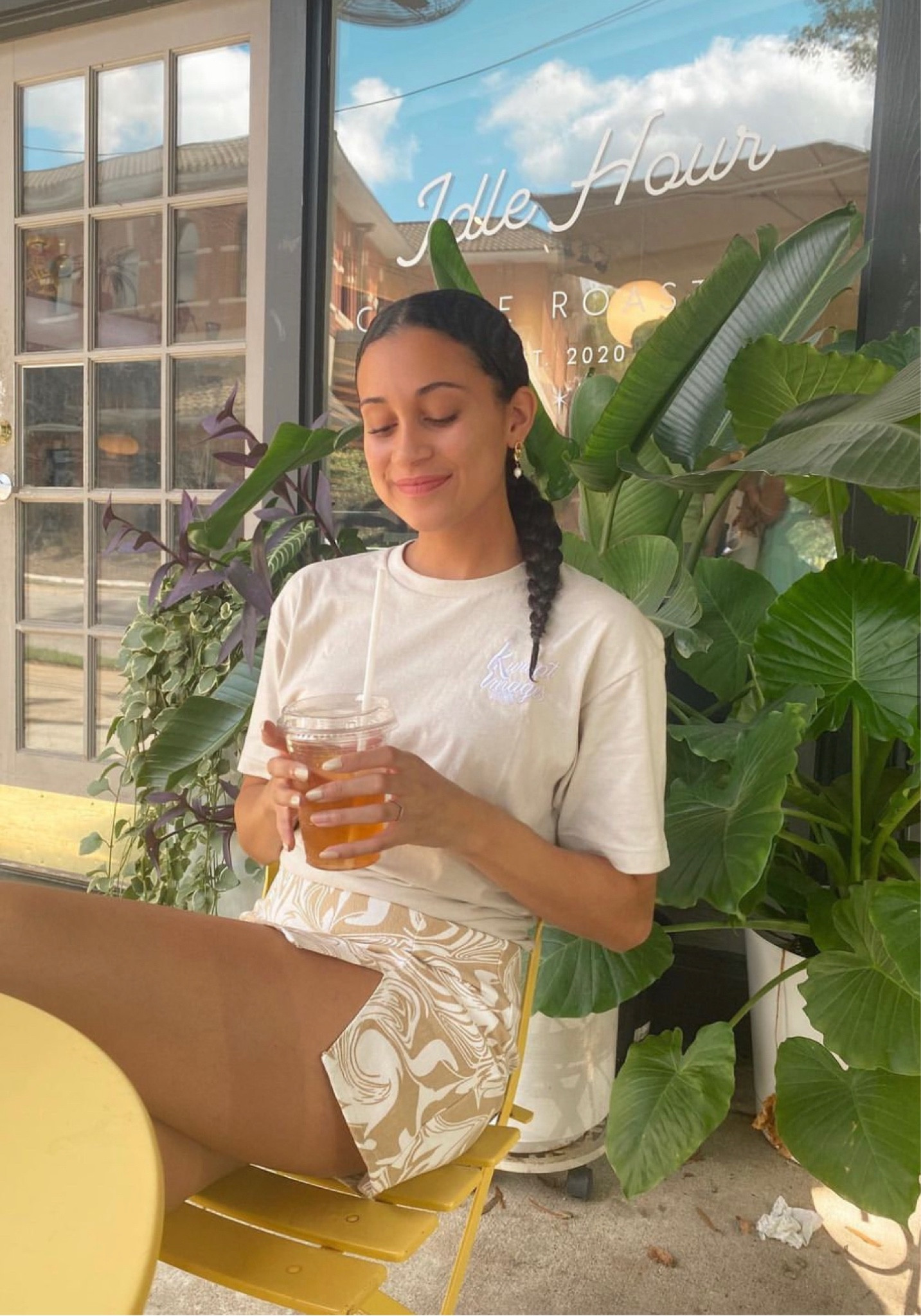 Patterned skirt cream top denim skirt braid cream outfit cream tshirt  embroidered shirt pearl earring pearl jewelry 