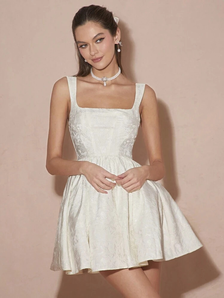 Enchnt Vrouwen Effen Kleur Jacquard Vierkante Kraag Flare Zoom Korte Jurk | SHEIN