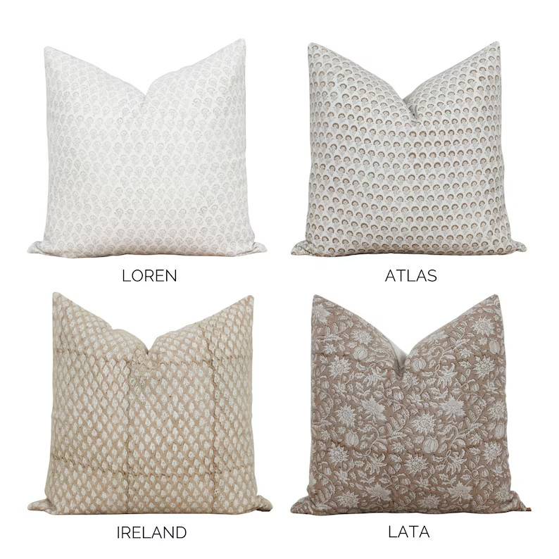 Hand Block Floral Pillow Covers Neutral Throw Pillows Hand Blocked Cushion Cover Decorative Linen... | Etsy (US)