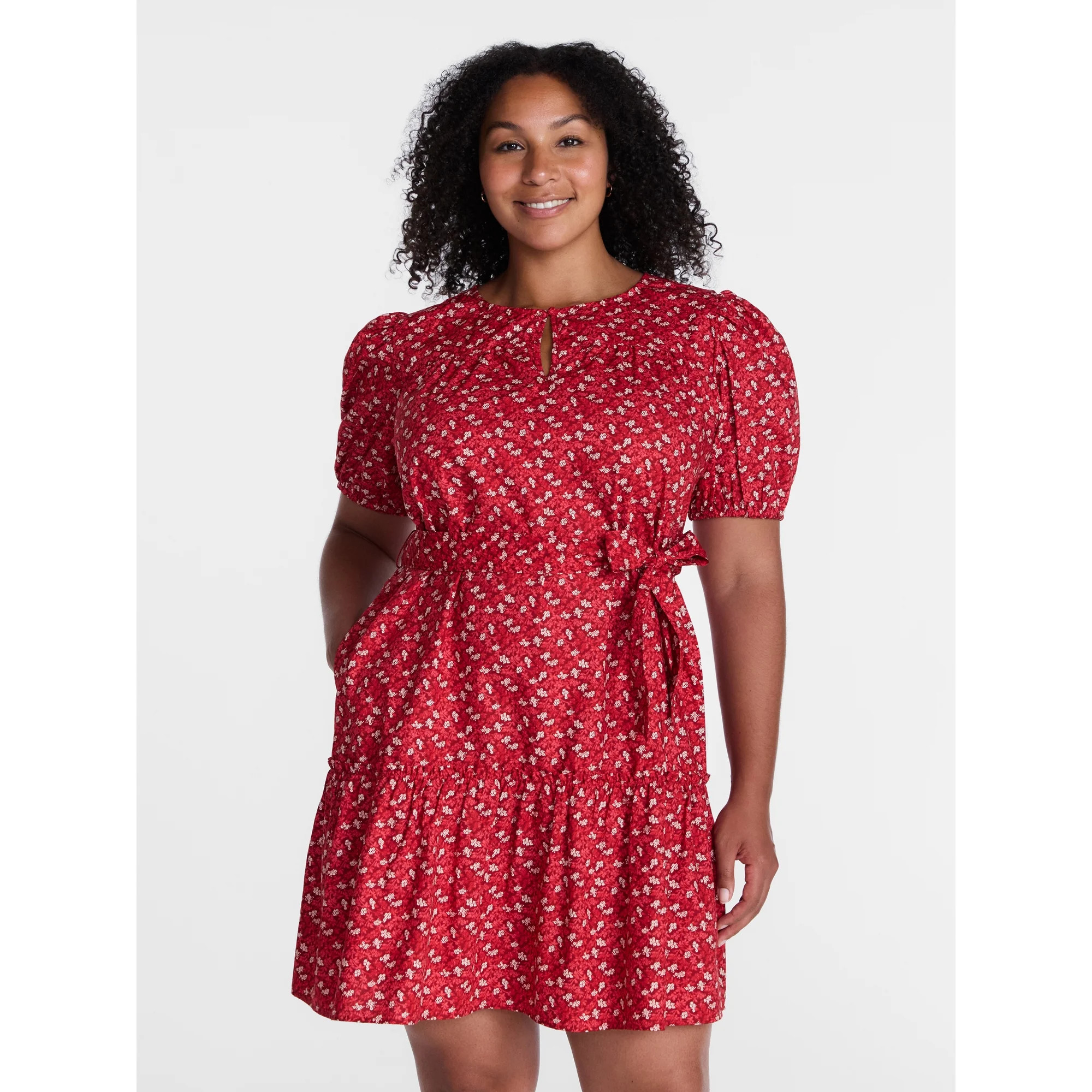 Time and Tru Women's and Women's Plus Cotton Mini Dress with Puff Sleeves, Sizes XS-4X | Walmart (US)