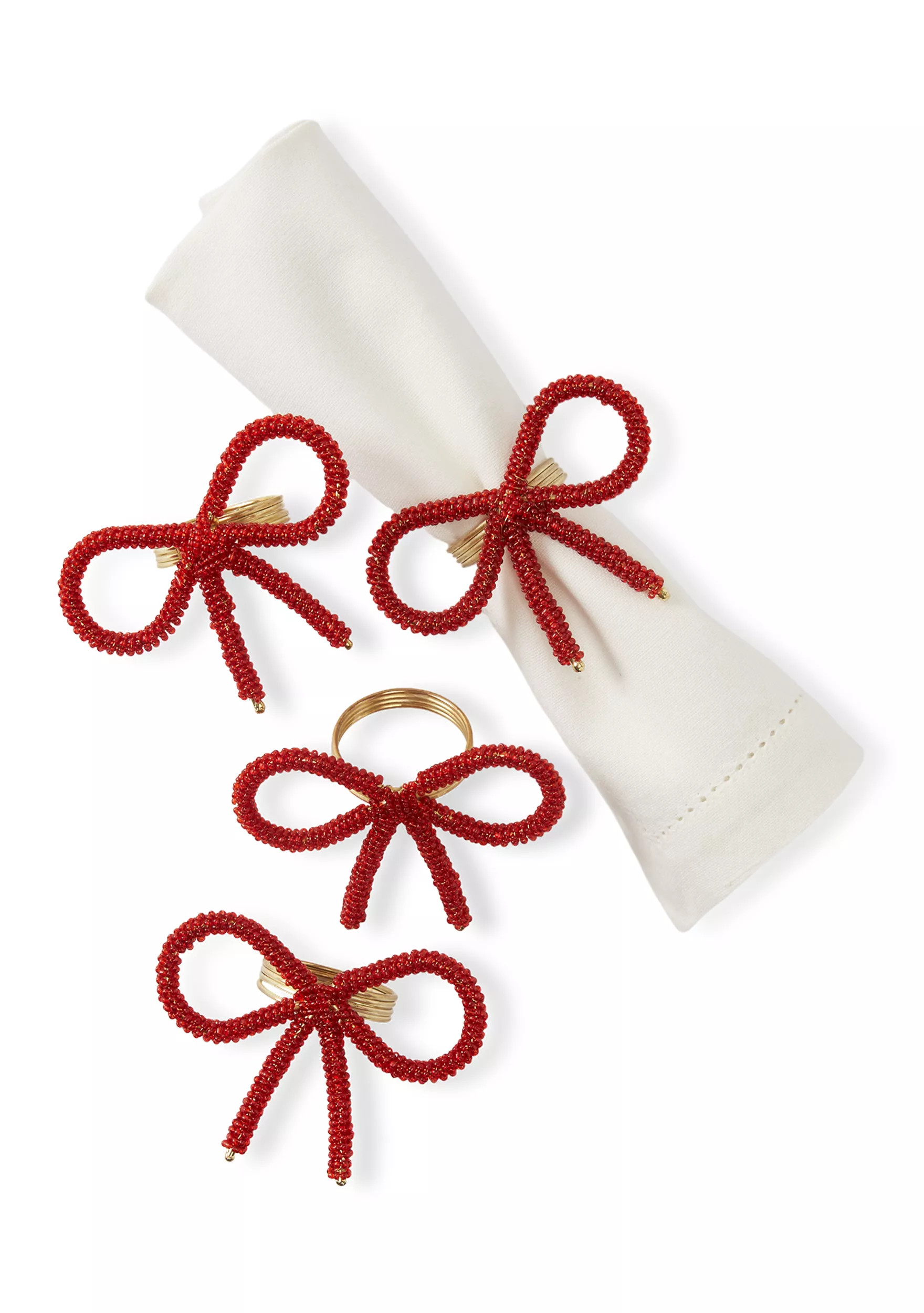 Set of 4 Red Beaded Bow Napkin Rings | Belk