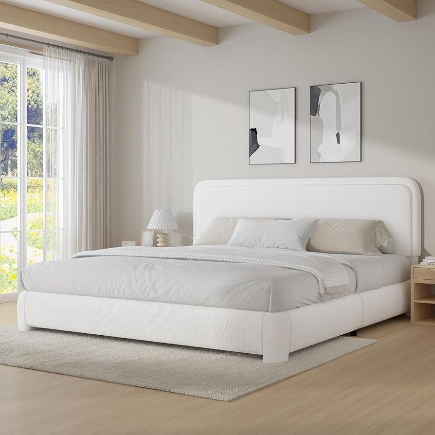Boucle Upholstered Bed Frame King Size/Soft Rounded Corners Headboard/Low Profile Bed Frame/No Bo... | Amazon (US)