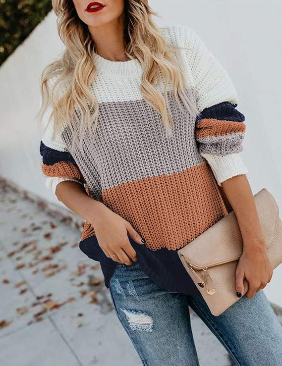 MEROKEETY Women's Crew Neck Long Sleeve Color Block Knit Sweater Casual Pullover Jumper Tops | Amazon (US)