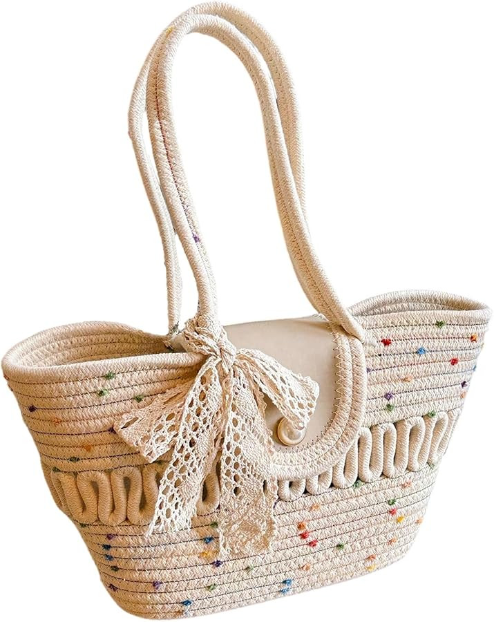 SweatyRocks Women's Straw Tote Bag Top Handle Boho Beach Purses Shoulder Handbag with Lace Scarf | Amazon (US)