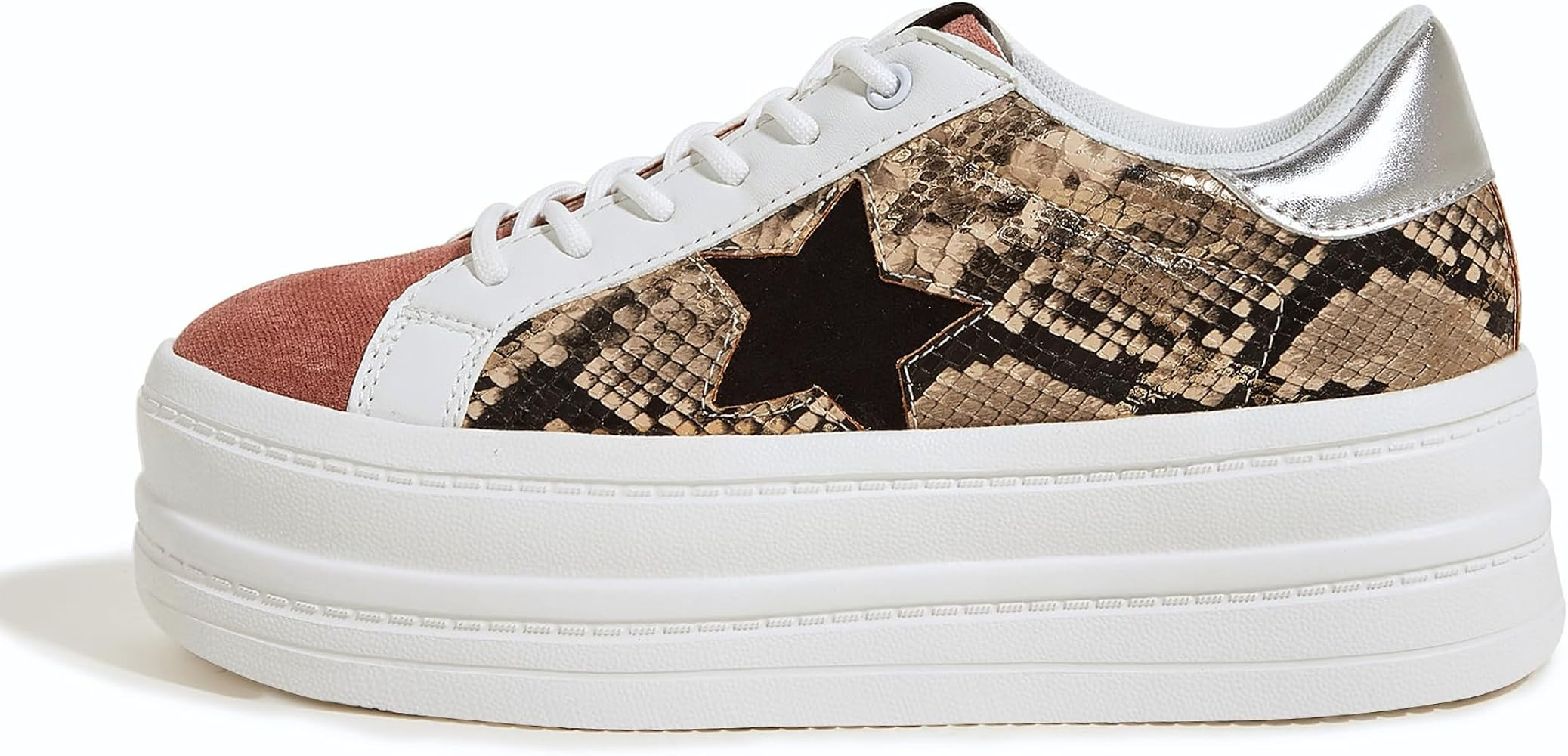 BELOS Fashion Platform Women Sneakers Faux Suede Stars Holographic Rainbow Walking Shoes(Pink Sna... | Amazon (US)