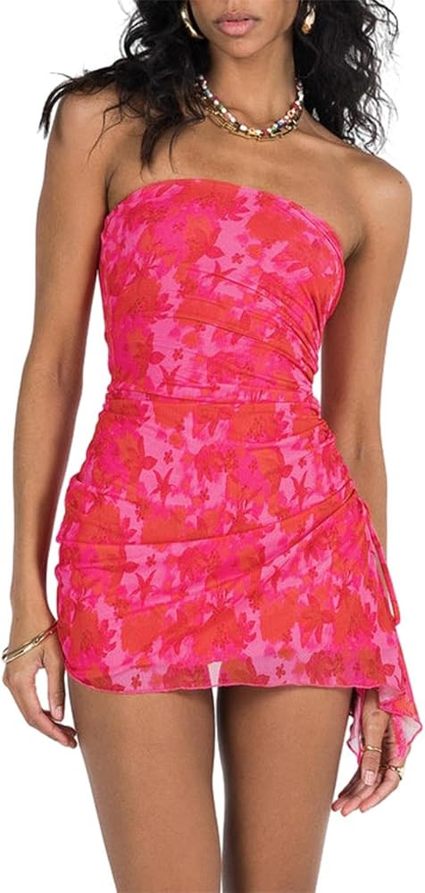 Women Y2k Strapless Tube Mini Dress Vintage Floral Print Sleeveless Bodycon Dress Going Out Party... | Amazon (US)