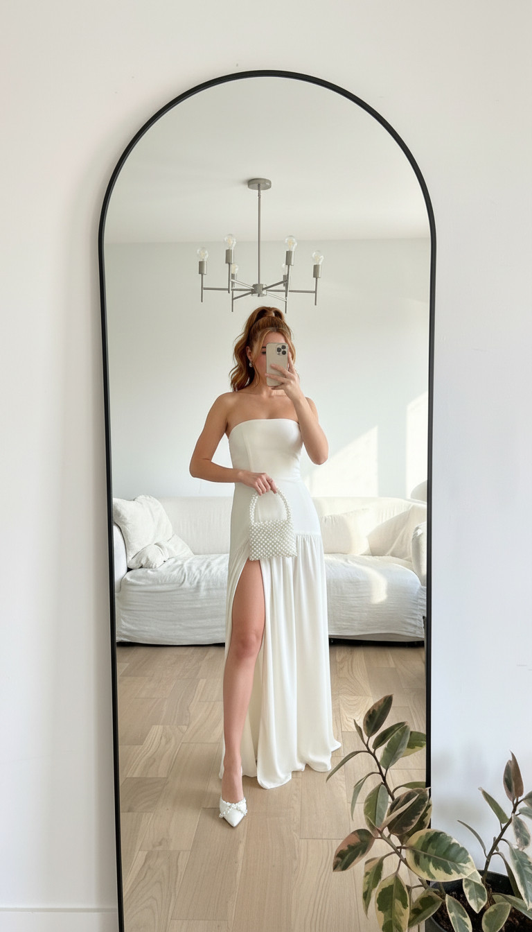 The most elegant modern bride dress 🤍

This strapless bridal maxi is perfect for engagement photos, bridal showers, rehearsal dinners, and courthouse weddings. Styled with pearl heels and a pearl bag for a timeless bridal look. 

 #LTKootd #LTKWedding