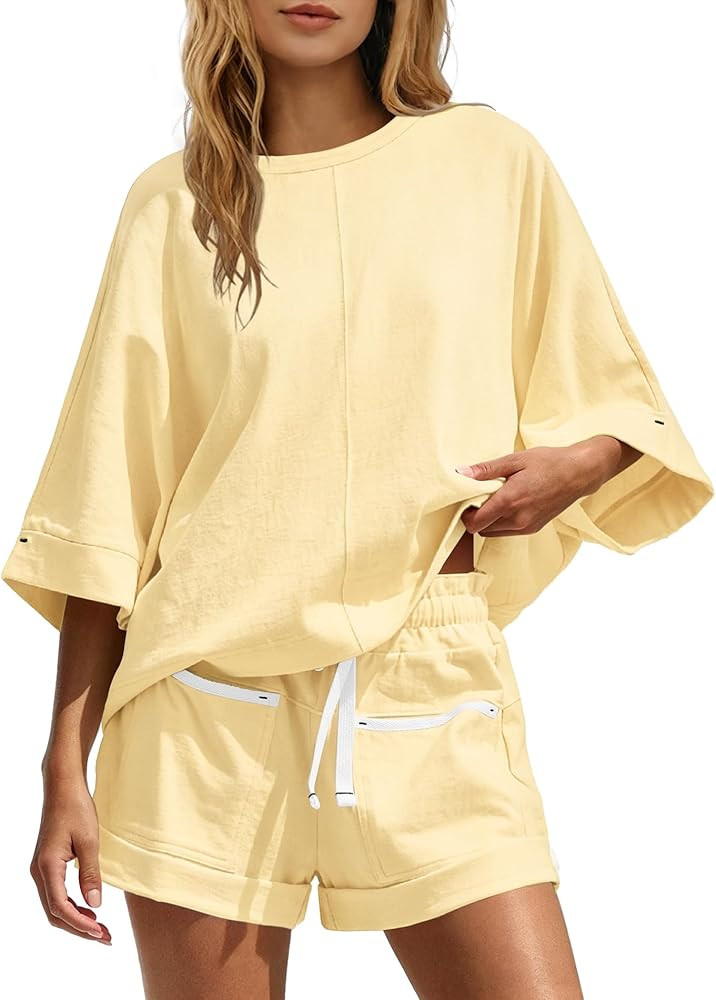 Nirovien Womens 2 Piece Short Sets Travel Vacation Outfits Half Sleeve Tops and High Waisted Shor... | Amazon (US)