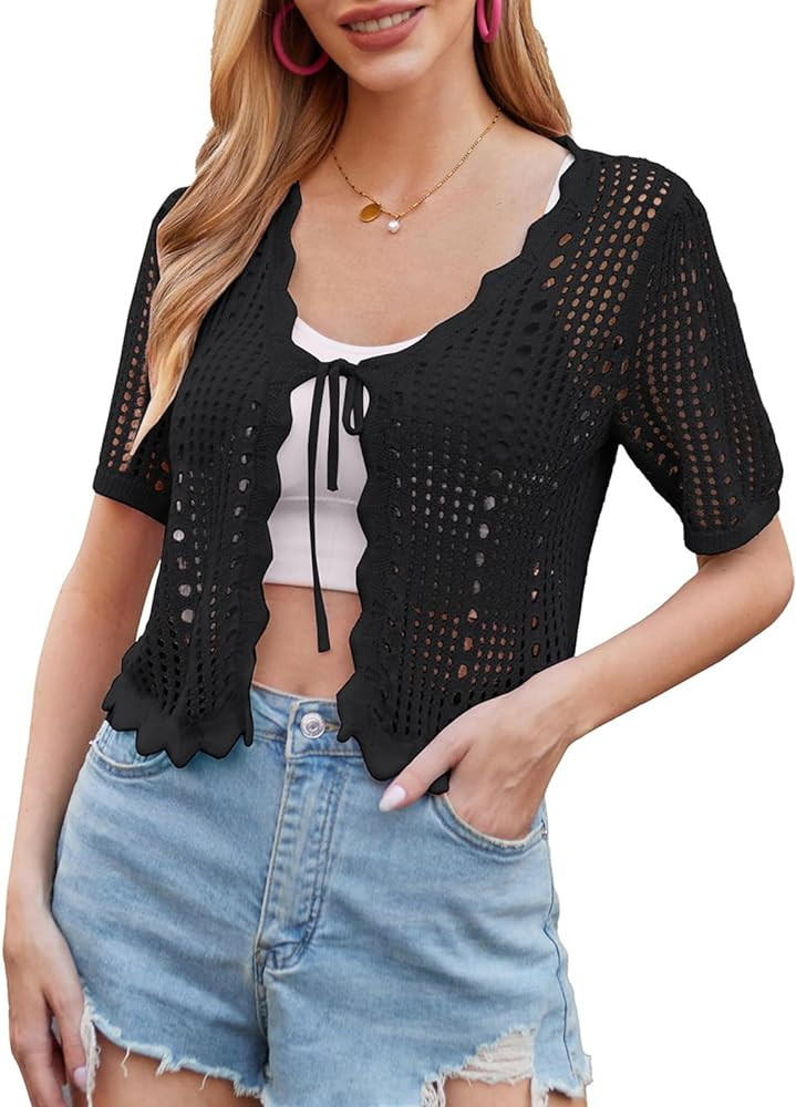 Kate Kasin Women Crochet Shrug Sweater Tie Front Knit Bolero Shrug for Dress Short Sleeve Cropped... | Amazon (US)