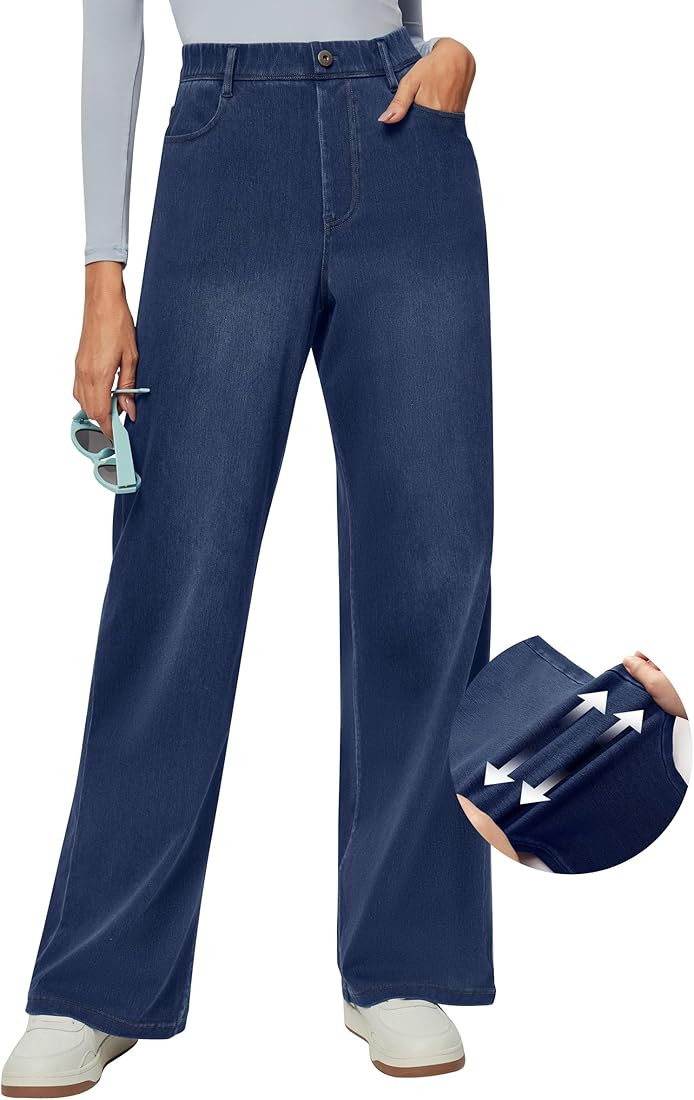 IUGA Wide Leg Jeans Woman Stretchy Pull On Baggy Jeans High Waisted Trendy Womens Jeans Straight ... | Amazon (US)