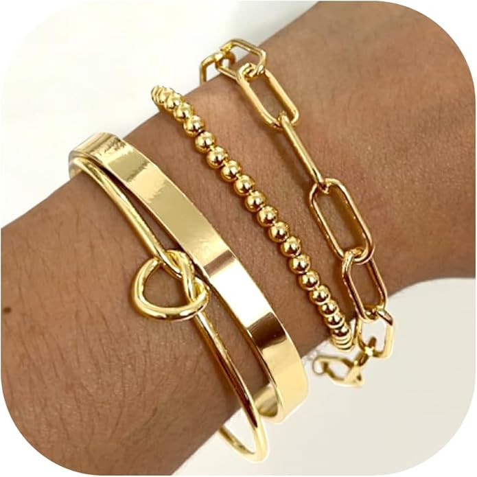 Reoxvo Gold Plated Bangle Cuff Bracelets for Women Non Tarnish Gold Bracelet Stack Jewelry Set fo... | Amazon (US)
