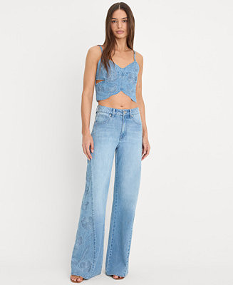 Good American Women's Dolly Joleans High-Rise Wide-Leg Embroidered Jeans - Macy's | Macy's