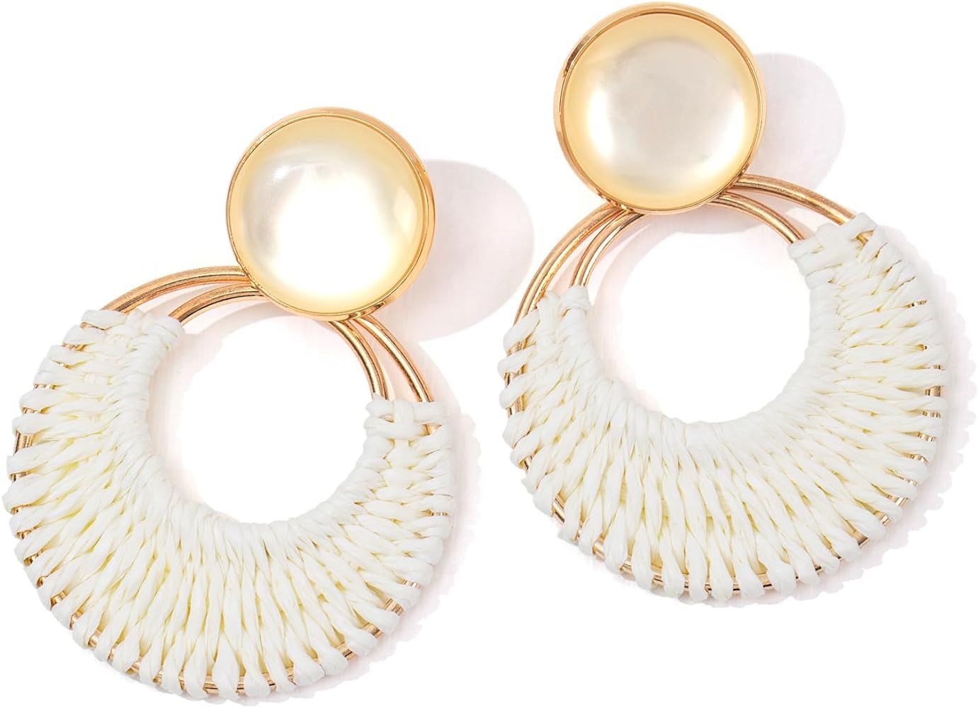 Boho Rattan Dangle Earrings for Women Trendy - Geometric Straw Raffia Earrings for Summer Beach V... | Amazon (US)