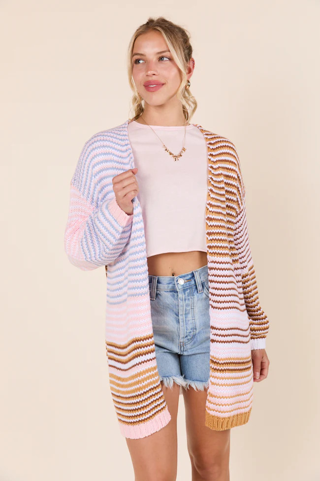 Shelbie Long Sleeve Blue and Pink Open Cardigan | Pink Lily