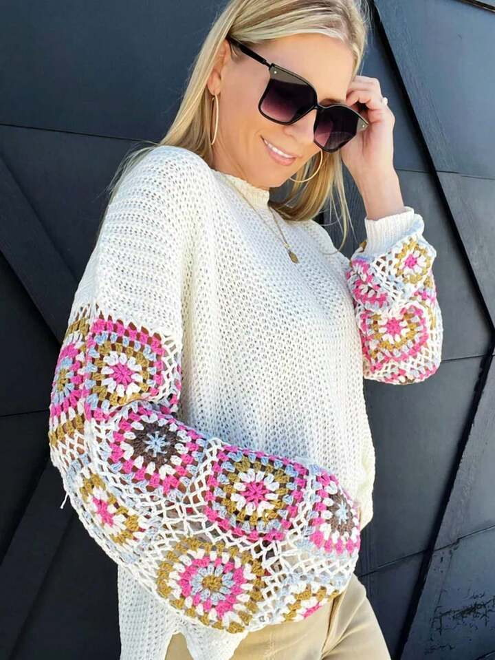 Wanna B Crochet Sleeve Sweater | SHEIN