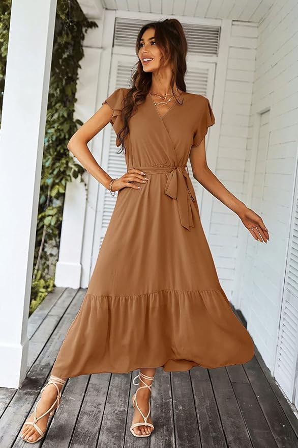 PRETTYGARDEN Women's 2024 Floral Boho Dress Wrap V Neck Short Sleeve Belted Ruffle Hem A-Line Flo... | Amazon (US)