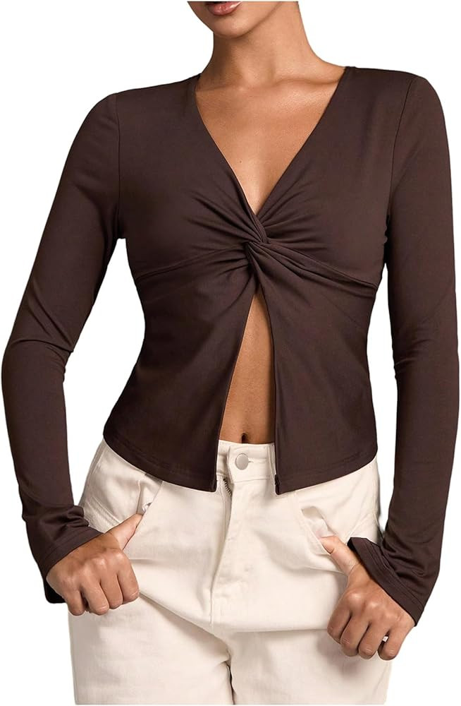 Verdusa Women's Twist Front Long Sleeve Shirts Deep V Neck Fitted Crop Tee Y2K Going Out Tops | Amazon (US)