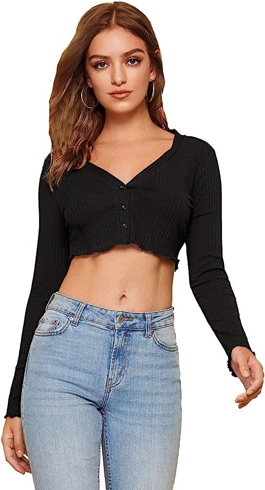 SweatyRocks Women's Casual V Neck Button Down Long Sleeve Crop Top T Shirt | Amazon (US)