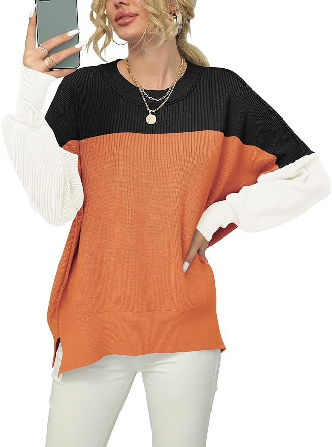 LOGENE Women's Oversized Batwing Long Sleeve Crewneck Side Slit Ribbed Knit Pullover Sweater Tops | Amazon (US)