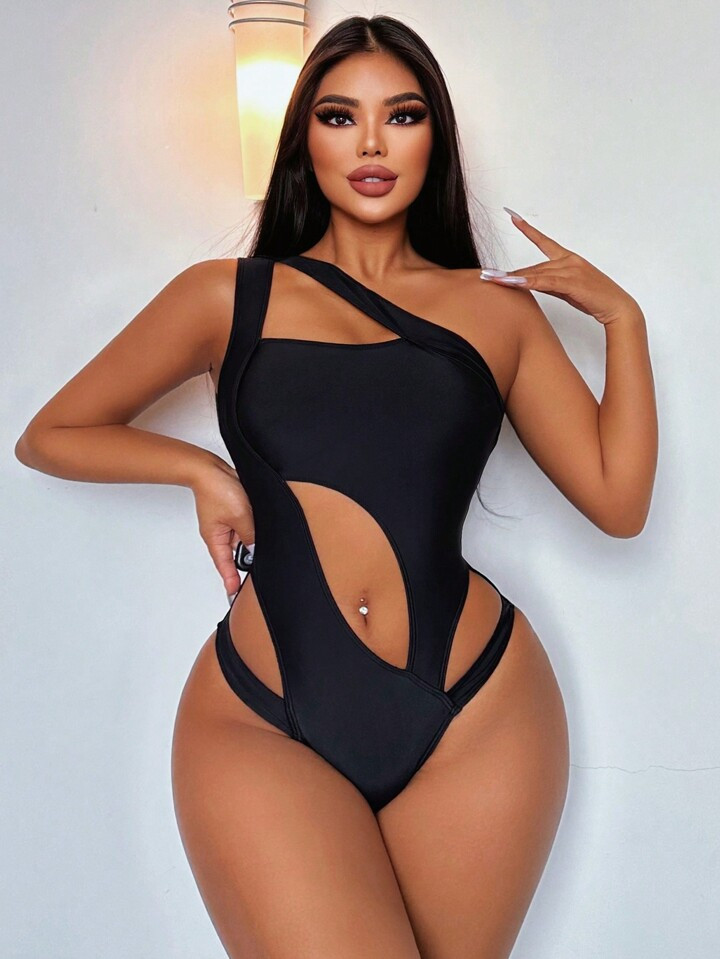 SHEIN Swim SXY Summer Beach Solid Color Hollow Out Sexy One Piece Swimsuit | SHEIN