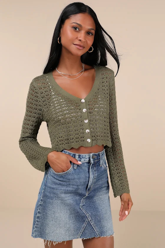 Stellar Sweetie Olive Green Pointelle Knit Cropped Cardigan | Lulus