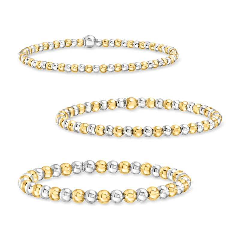 Italian Sterling Silver and 18kt Gold Vermeil Jewelry Set: Three 3-5mm Bead Stretch Bracelets | Ross-Simons
