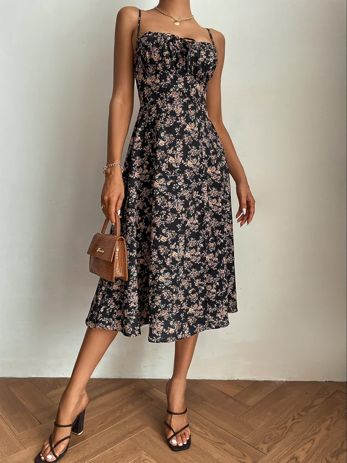 SOLY HUX Women's Floral Spaghetti Strap Knot Tie Front Split Backless Cami Midi Dress | Amazon (US)