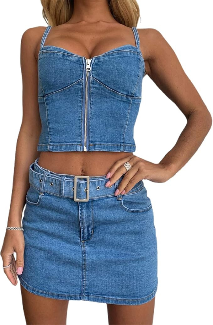 Women Retro 2 Piece Crop Top with Denim Skirt Sets Low Cut Straps Bustier Cami Crop Top Bodycon S... | Amazon (US)