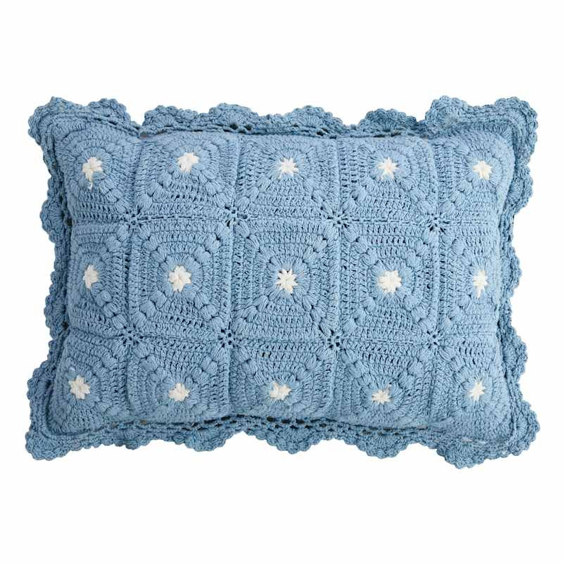 Blue Cotton Hand-Made Crochet Throw Pillow with Scalloped Edge, 14x20 | At Home