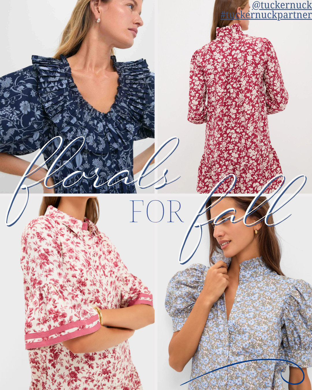 @tuckernuck #tuckernuckpartner Florals that feel just right for pre-fall - moody blues, rich reds, and a few subtle puff sleeves I couldn’t resist. 

 #LTKSeasonal #LTKOver40 #LTKStyleTip