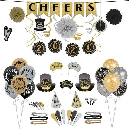 Party City Black, Gold and Silver New Year's Eve Accessory & Decor Kit for 50 Guests, Includes Banne | Walmart (US)