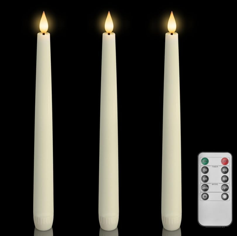 Homemory 3 Pcs Waxy Flameless Taper Candles with Remote, Flickering Battery Operated Classic Tall... | Amazon (US)