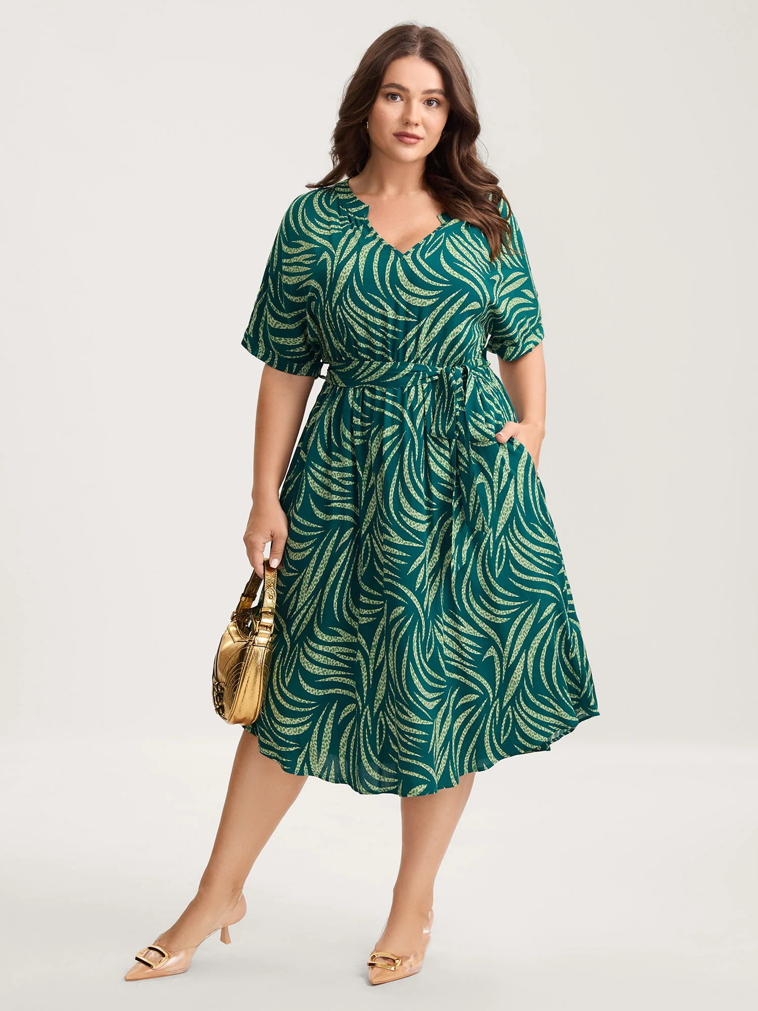 Grassy Print Curvy Hem Pockets Midi Dress | Bloomchic