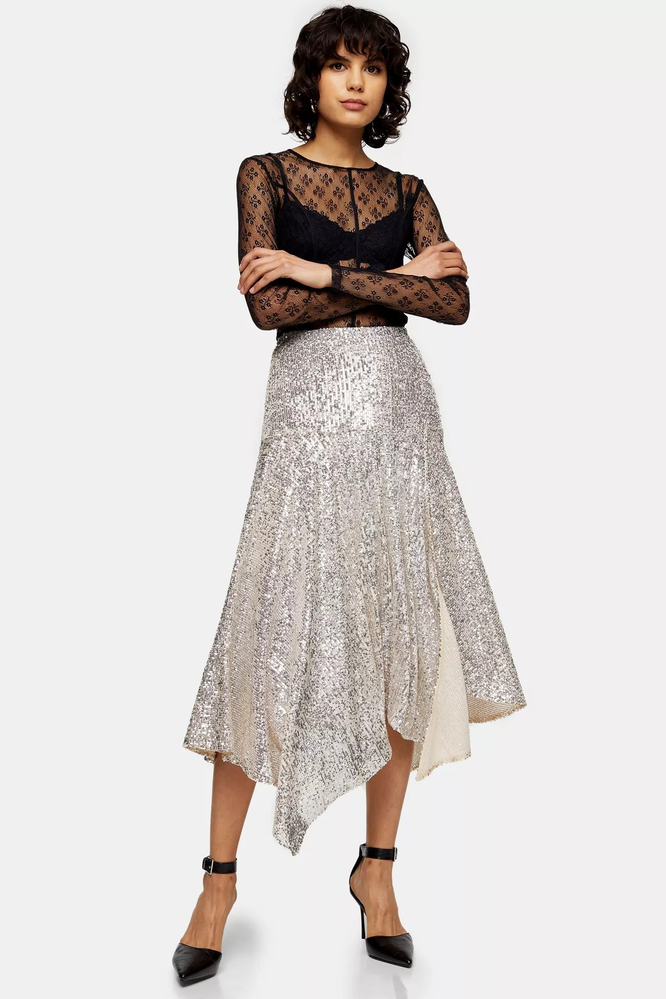 IDOL Silver Asymmetric Sequin Midi Skirt | Topshop UK