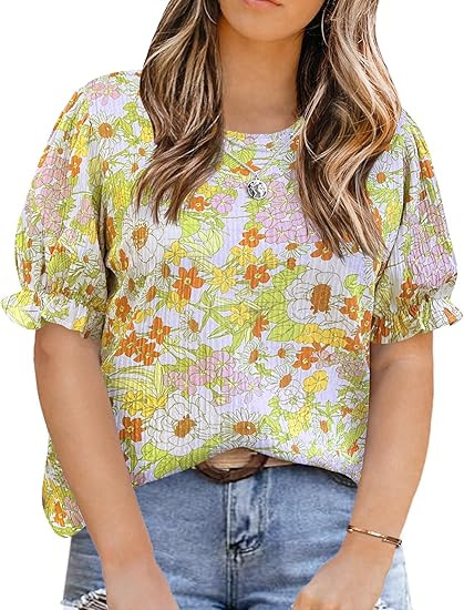 IN'VOLAND Plus Size Floral Print Blouses for Women Crewneck Smocked Puff Sleeve Shirts Casual Bab... | Amazon (US)