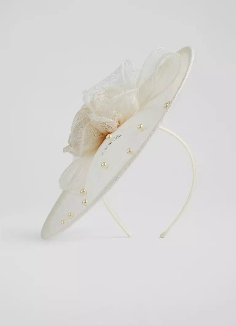 Ayla Cream Mesh Pearl Detail Wide Brim Fascinator | L.K. Bennett (UK)