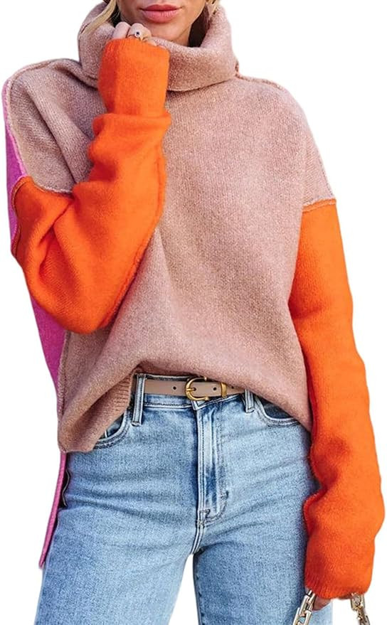 Dokotoo Womens Turtleneck Sweaters Casual Long Sleeve Color Block Side Slit Pullover Knit Jumper ... | Amazon (US)