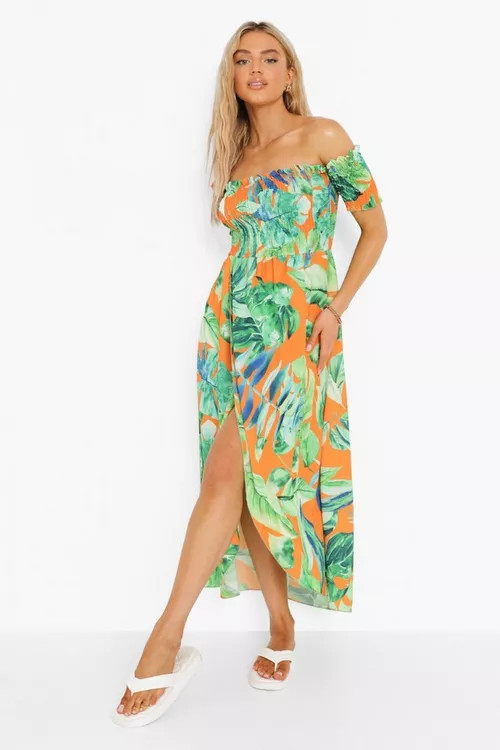 Palm Print Shirred Off The Shoulder Maxi Dress | Boohoo.com (US & CA)