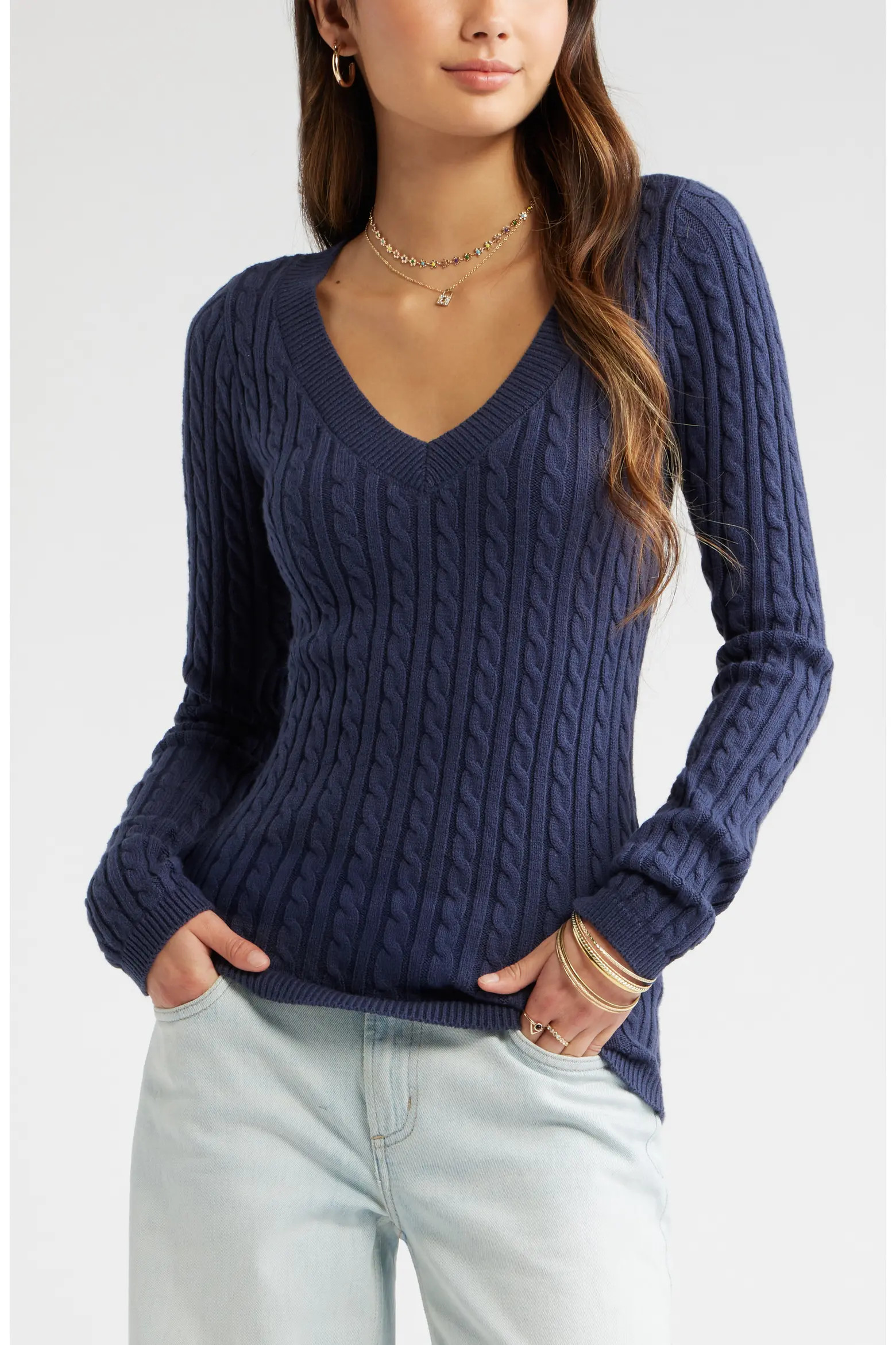 BP. Cable Stitch V-Neck Sweater (Women) | Nordstrom | Nordstrom