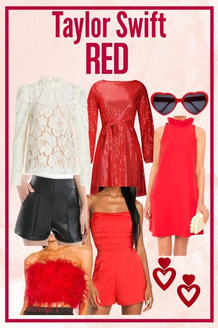 Taylor Swift outfit ideas. Eras Tour outfit ideas. Taylor Swift RED. Red sequin dress. Red feather crop top. High rise faux leather shorts. Heart earrings. Taylor Swift heart sunglasses. Red romper. 
.
.
.
… 

#LTKFestival #LTKunder100 #LTKstyletip
