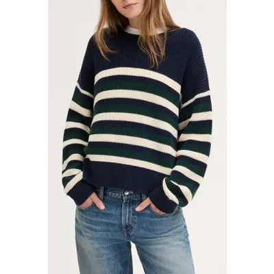 Madewell The Arden Crewneck Cotton Sweater in Placed Navy Trio Stripe at Nordstrom, Size Small | Nordstrom