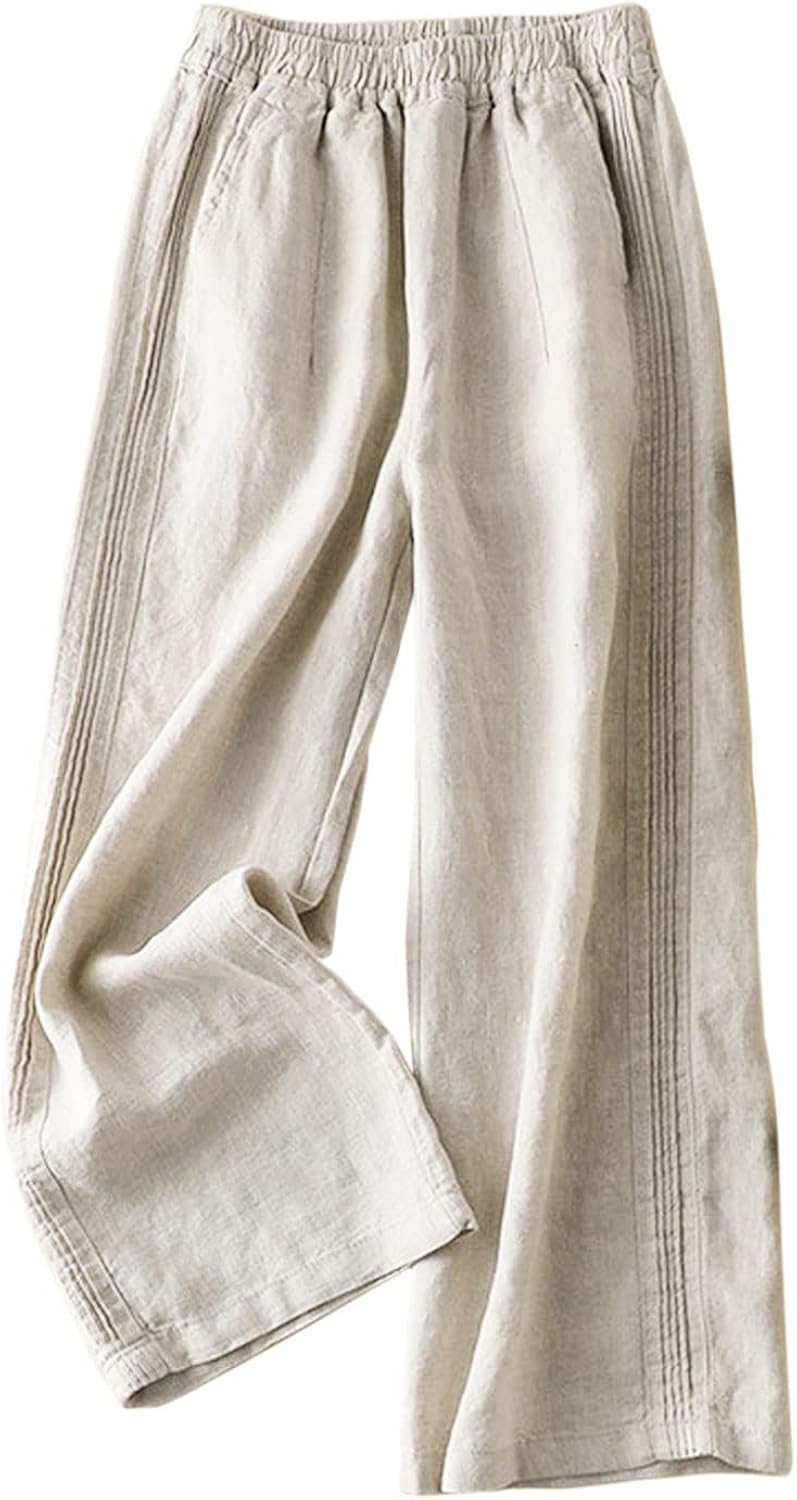 IXIMO Women's Linen Pants Elastic Pleated Wide Leg Straight Fit Palazzo Pants | Amazon (US)