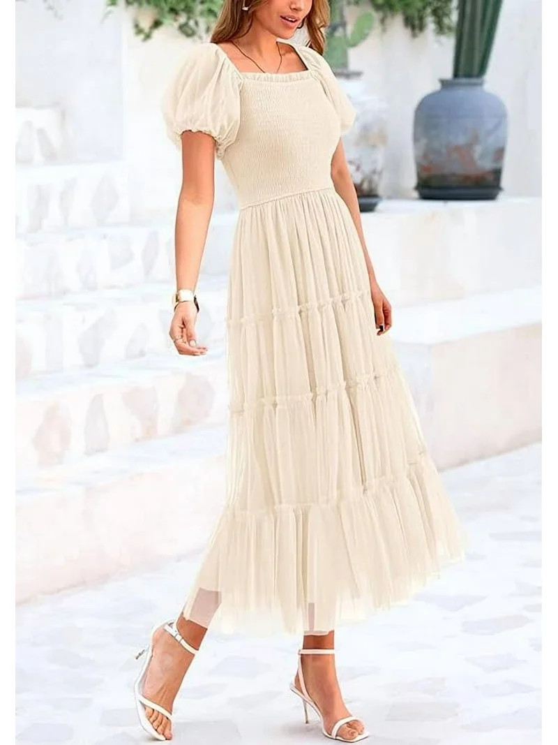 PRETTYGARDEN Women's Smocked Tulle Midi Dress Summer Square Neck Puffy Short Sleeve Ruffle Weddin... | Walmart (US)