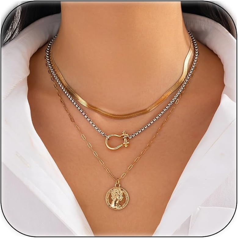 Gold Layered Necklaces for Women Chunky Silver Necklace Coin Paperclip Stacked Necklace Trendy St... | Amazon (US)