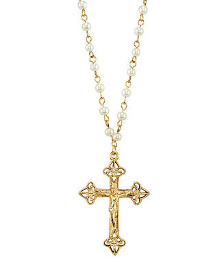 14K Gold Tone Simulated Pearl Chain Crucifix Cross Pendant Necklace 16" Adjustable | Macys (US)