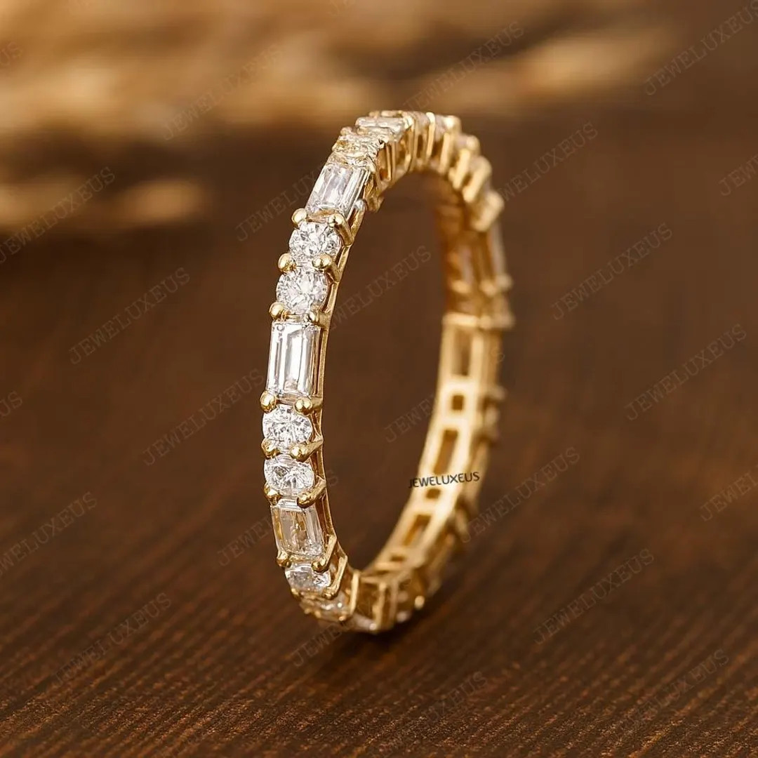 Round and Baguette Cut Moissanite Wedding Band Alternating Diamond Band Baguette Stackable Band B... | Etsy (US)