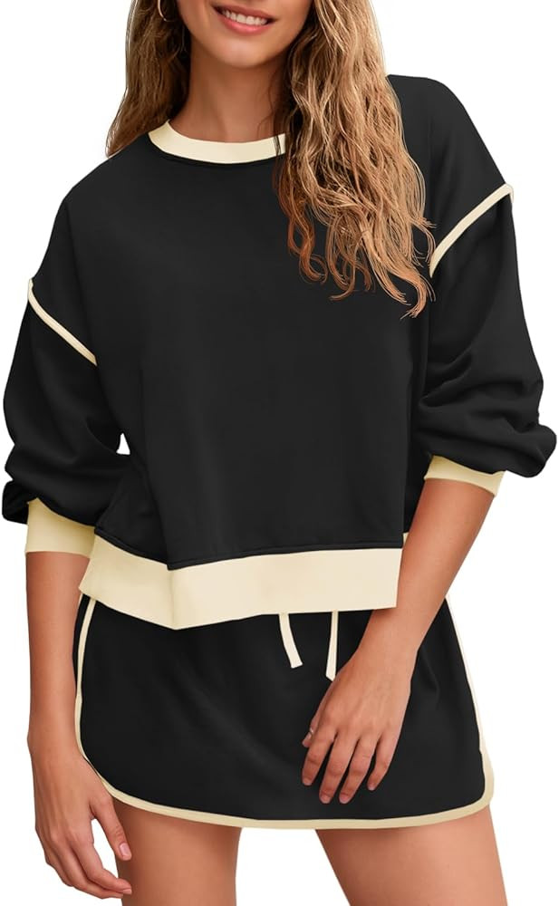 Fisoew Womens Sweatsuits 2 Piece Set Crewneck Sweatshirts High Waisted Skort Skirts Tennis Runnin... | Amazon (US)