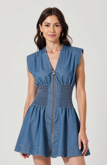 Modenaire Denim Mini Dress with Cap Sleeves and Smocked Waist | Nordstrom | Nordstrom